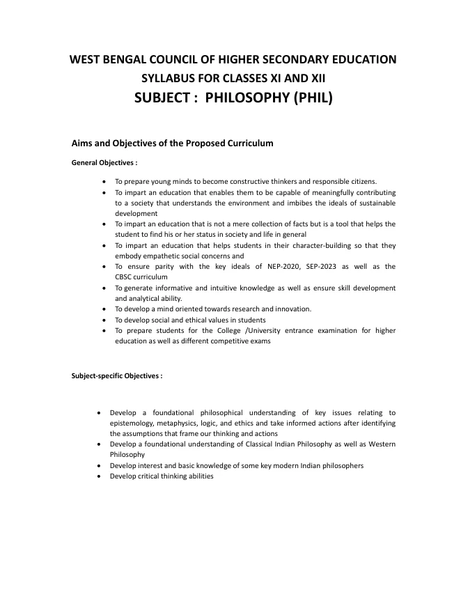 Syllabus and Subject Combination offered by WBCHSE – PDF
