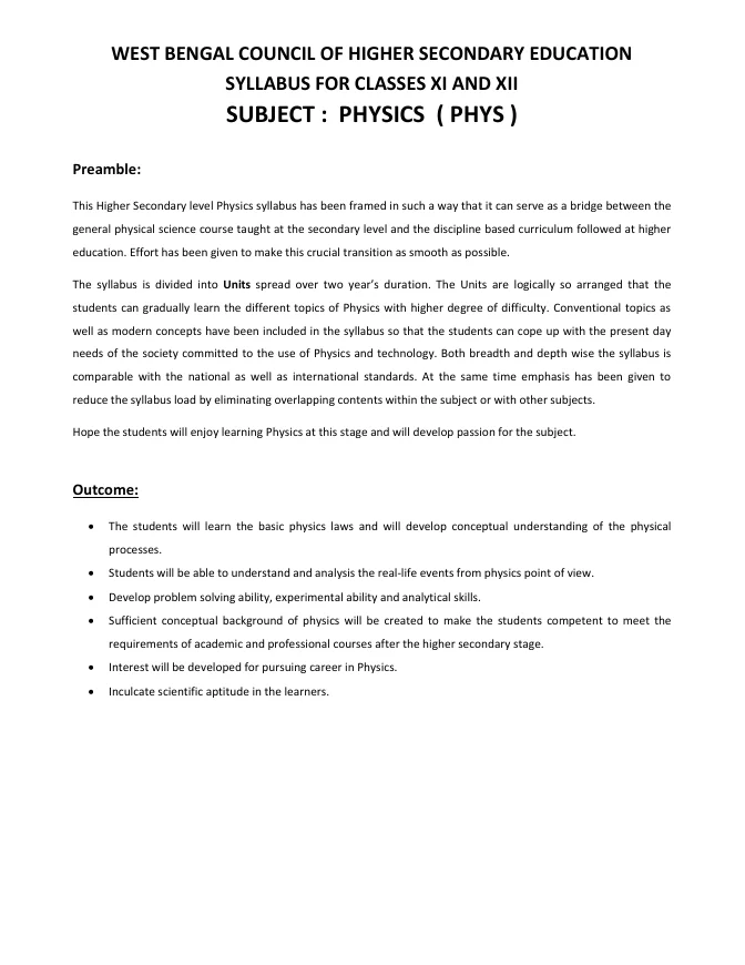 Syllabus and Subject Combination offered by WBCHSE – PDF
