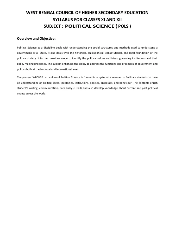 Syllabus and Subject Combination offered by WBCHSE – PDF