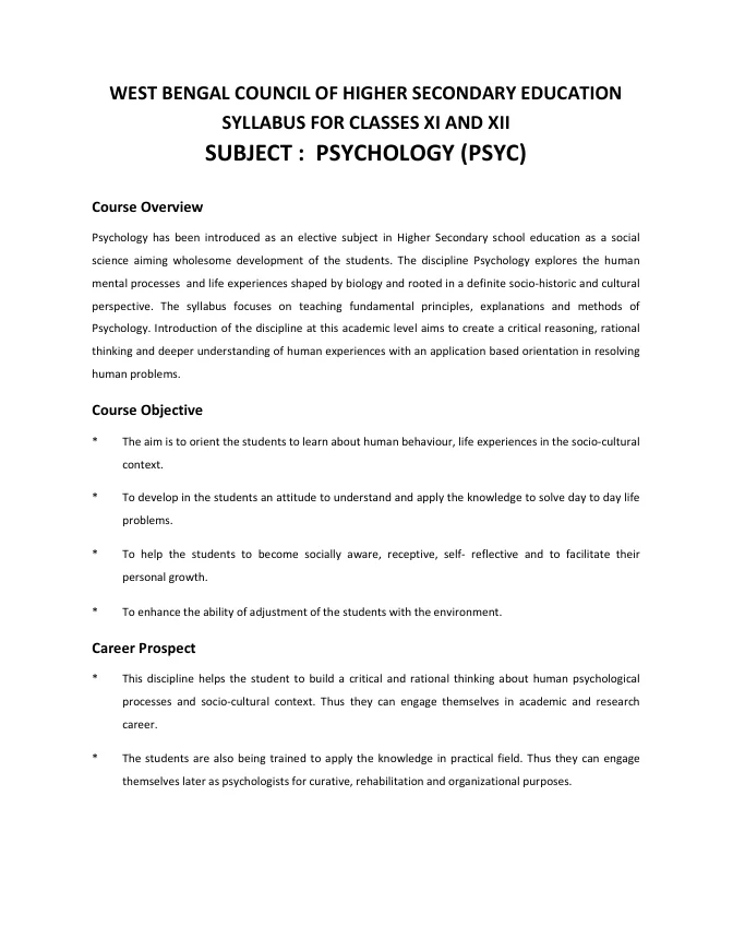 Syllabus and Subject Combination offered by WBCHSE – PDF