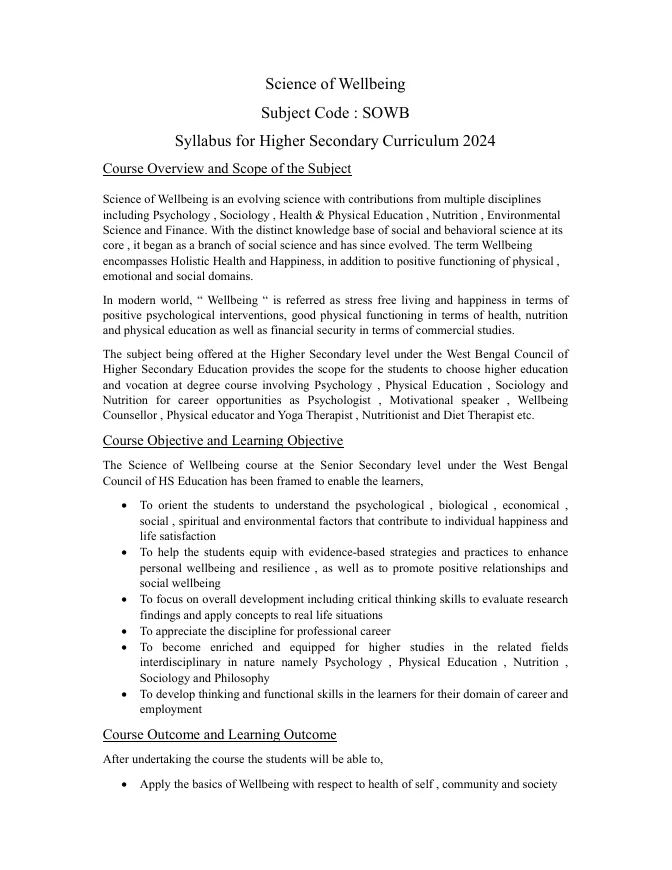 Syllabus and Subject Combination offered by WBCHSE – PDF