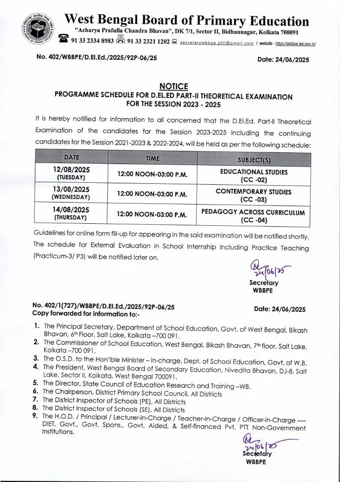 Schedule for D.El.Ed Part-II Theoretical Examination, 2023-2025 – PDF