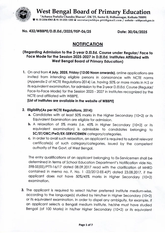 Admission to D.El.Ed Course under Face to Face/ Regular Mode, 2025-2027 – PDF
