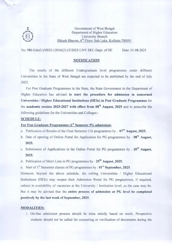 Online Admission into PG Courses for Session, 2025-27 – PDF