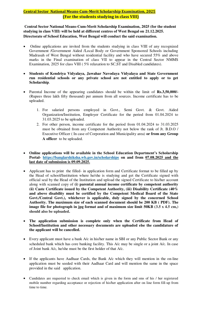 Central Sector National Means-Cum-Merit Scholarship, 2025 – PDF