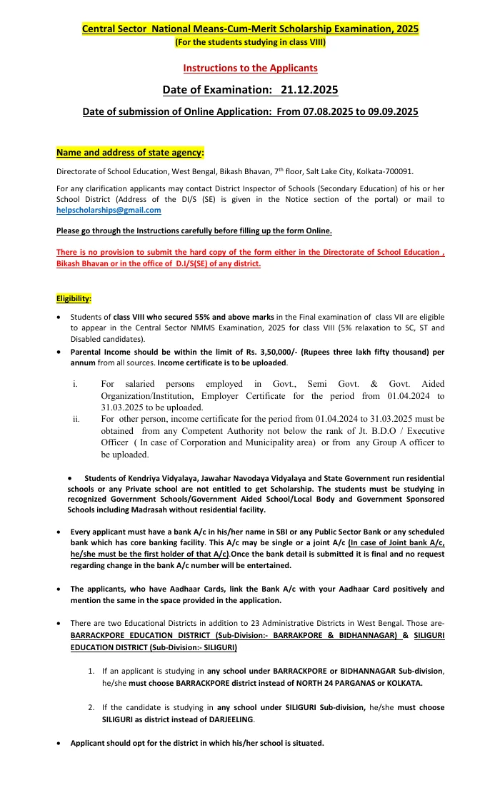 Central Sector National Means-Cum-Merit Scholarship, 2025 – PDF