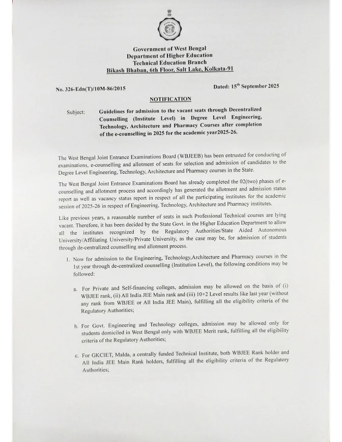 Admission to Vacant Seats of Degree Level Courses, 2025-26 – PDF