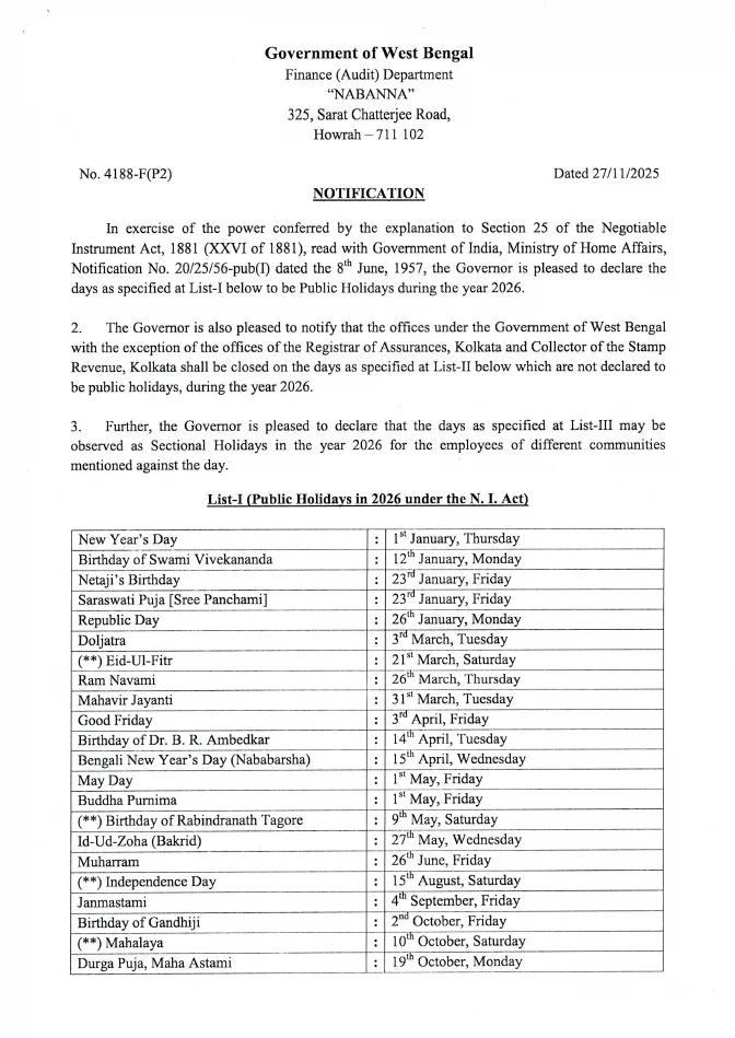 Holiday List for West Bengal Government Employees, 2026 – PDF
