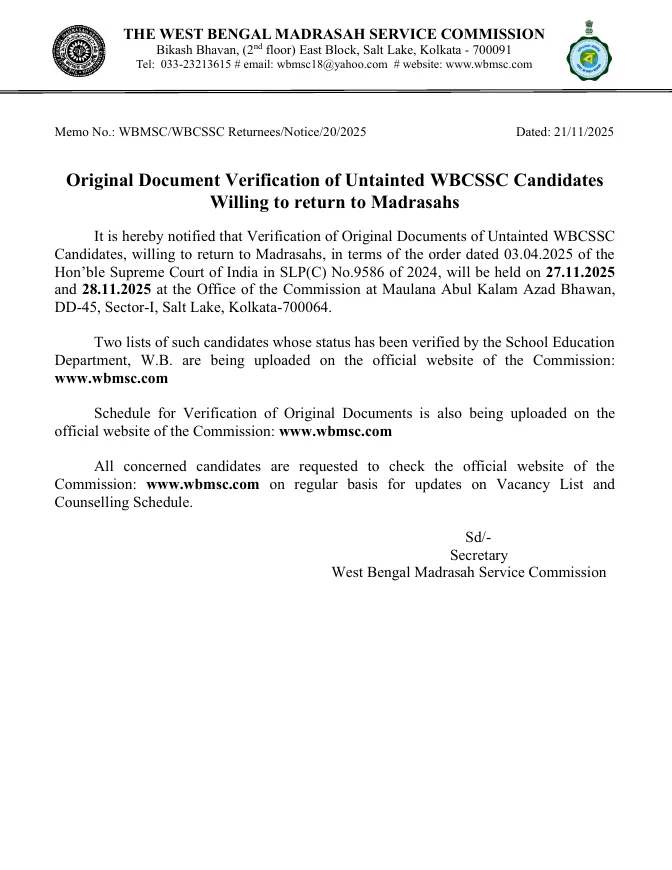 Verification of Untainted WBCSSC Candidates Returning to Madrasahs – PDF