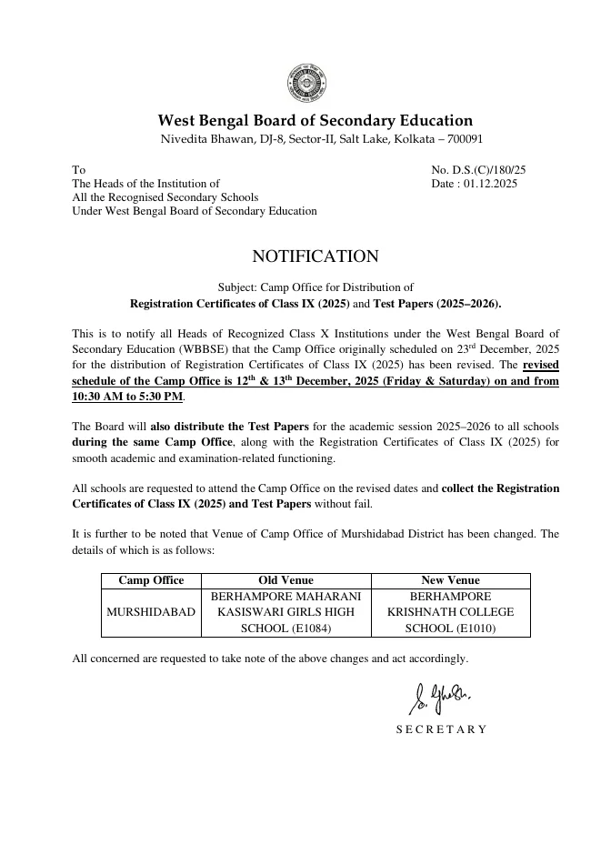 Distribution of Class IX Registration Certificates and Test Papers, 2025 – PDF