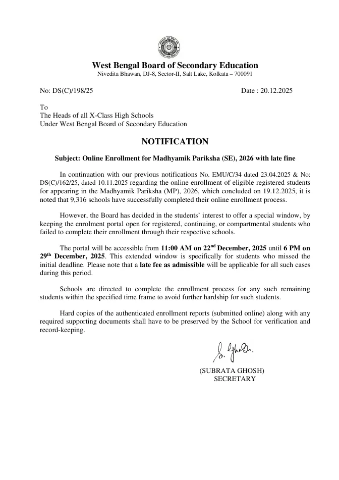 Online Enrollment for Madhyamik Pariksha (SE), 2026 with Late Fine – PDF