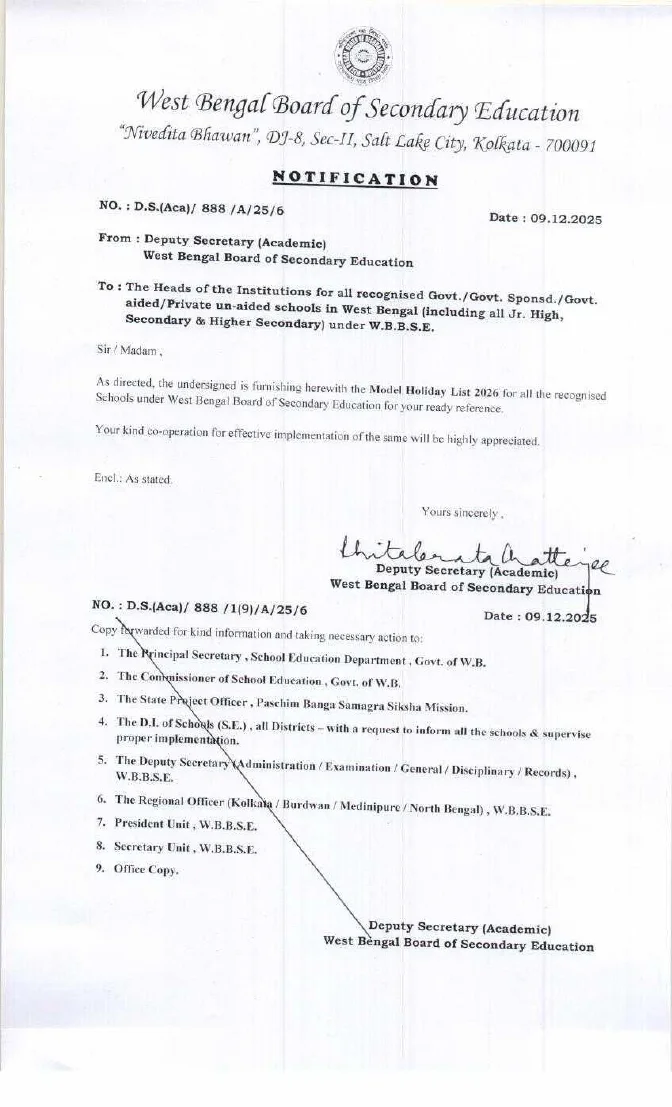 Model Holiday List, 2026 by WBBSE for Schools – PDF