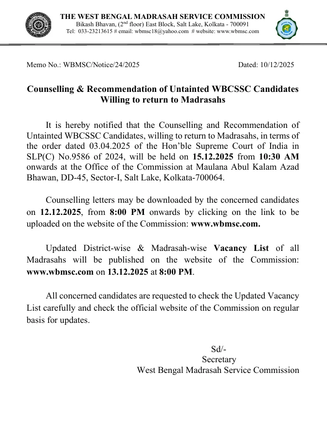 Verification of Untainted WBCSSC Candidates Returning to Madrasahs – PDF
