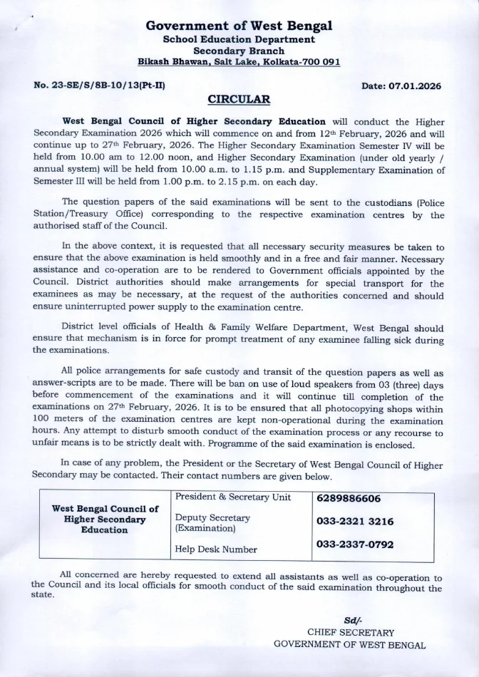 Help Desk Number for Smooth Conduct of H.S. Examination, 2026 – PDF