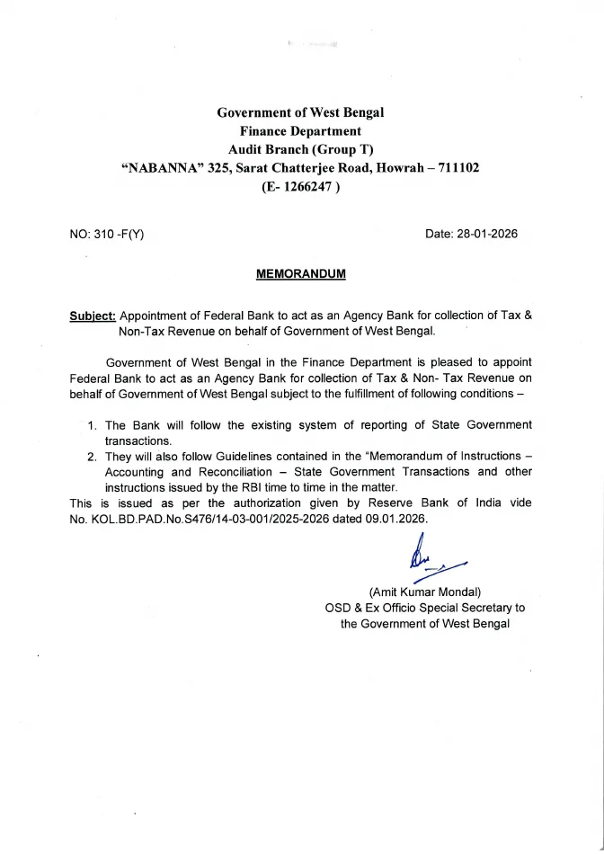 Federal Bank to act as an Agency Bank for Collection of Revenue – PDF