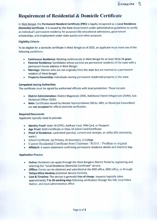 Requirement of Residential and Domicile Certificate – PDF