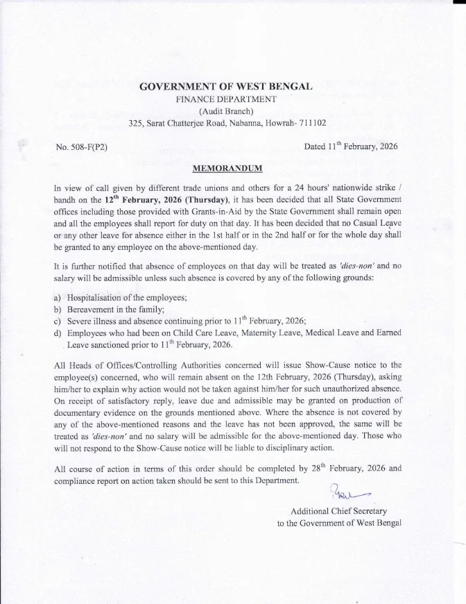 Treatment of Absence on 12th February, 2026 for Strike/ Bandh – PDF