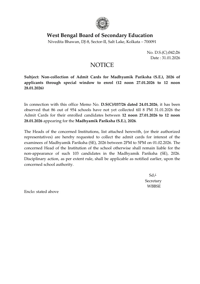 Non-Collection of Admit Cards for Madhyamik Pariksha (SE), 2026 – PDF