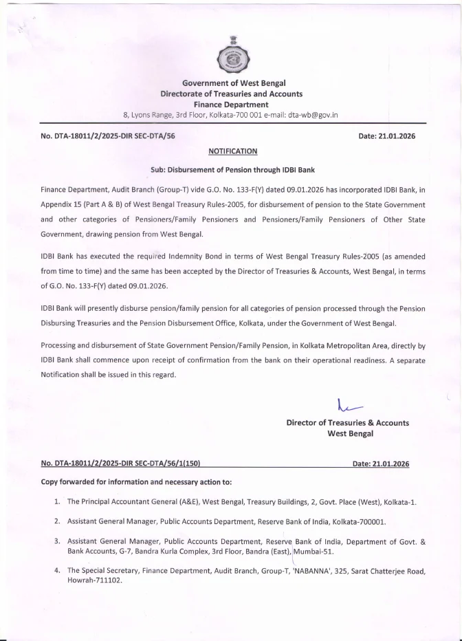 Enlistment of IDBI Bank as Pension Disbursing Bank in West Bengal – PDF